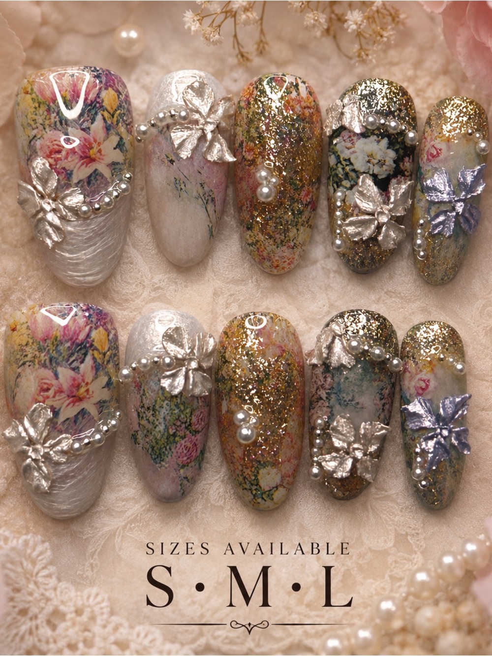 🌸 Vintage Floral Pearl Press-On Nails 🌸